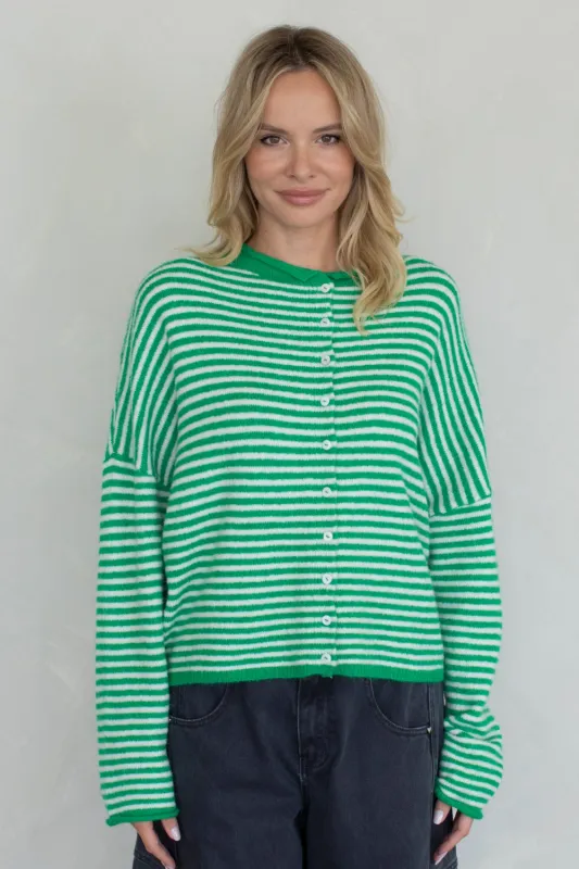 Harbour Striped Cardigan, Green made by Things Between