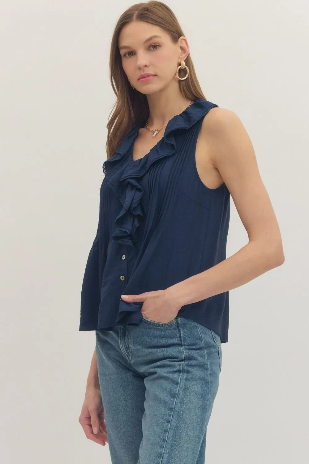 Lillias Ruffled Tank Top, Navy sold by Madison Boutique product image thumbnail 2