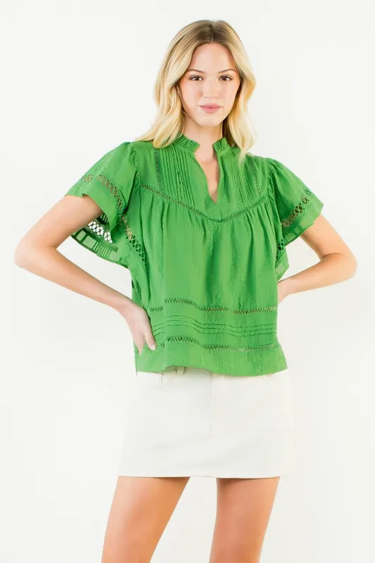 Ellis Latticed Flutter Sleeve Top, Green made by THML