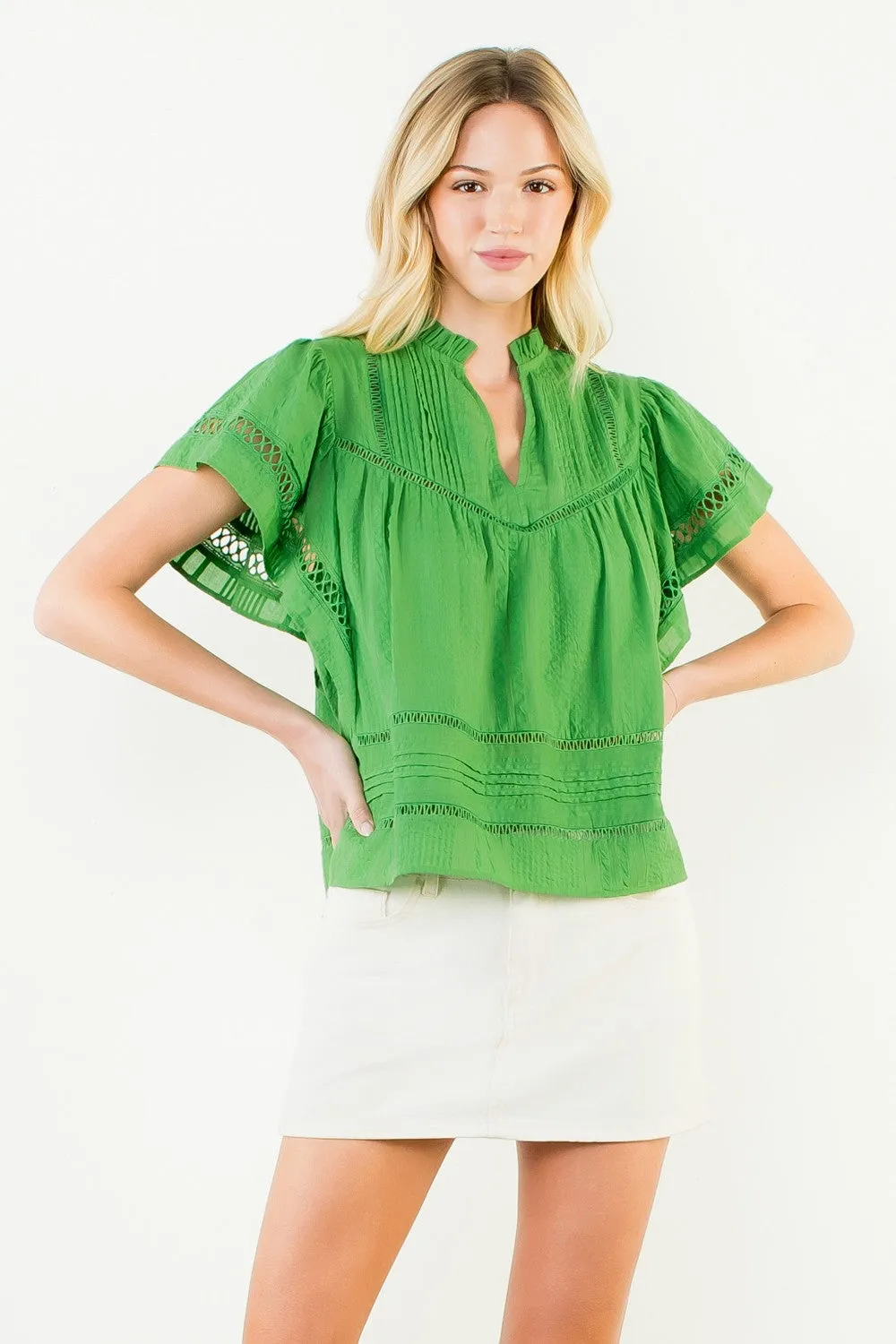 Ellis Latticed Flutter Sleeve Top, Green sold by Madison Boutique