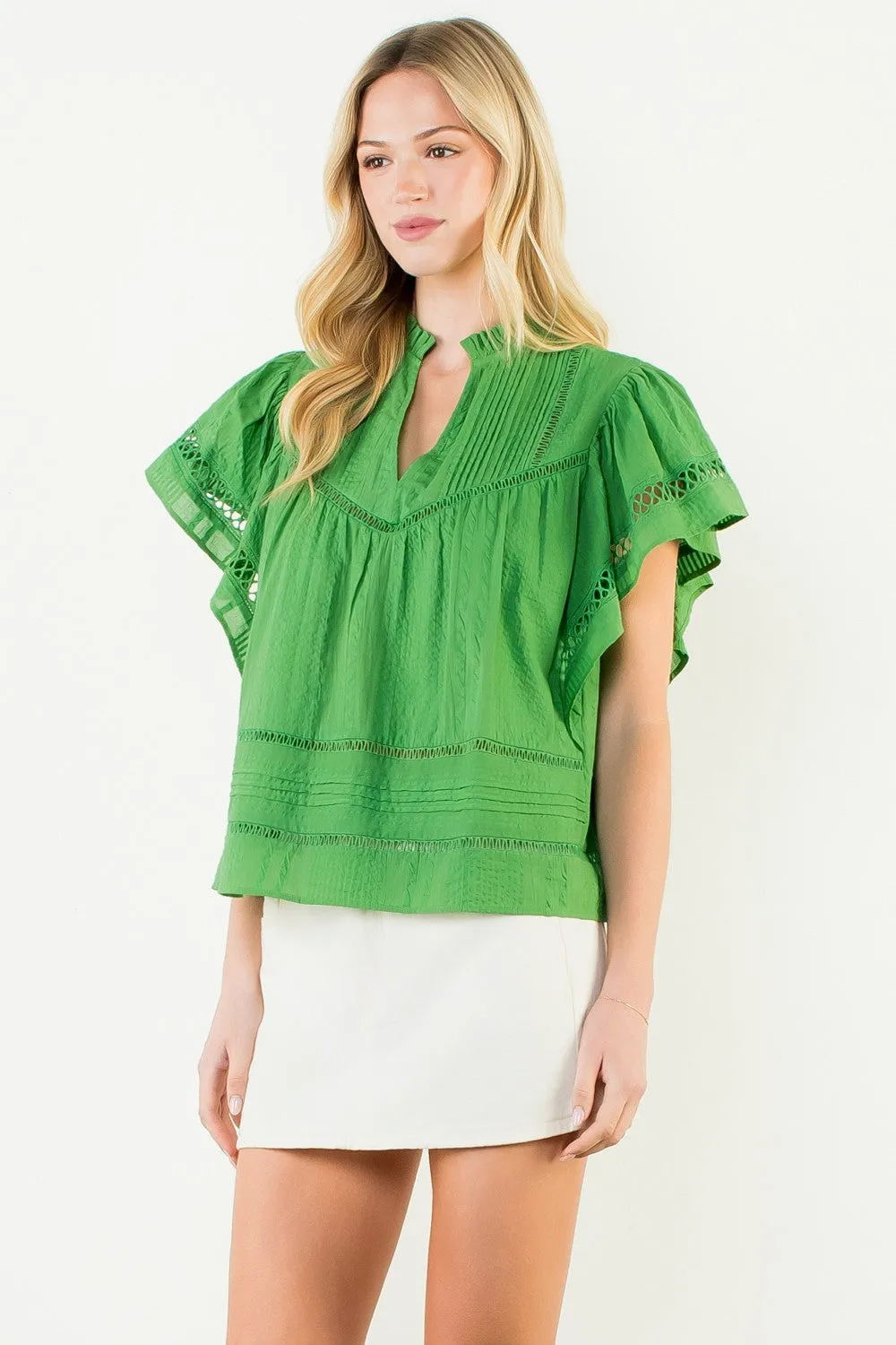Ellis Latticed Flutter Sleeve Top, Green sold by Madison Boutique product image thumbnail 2