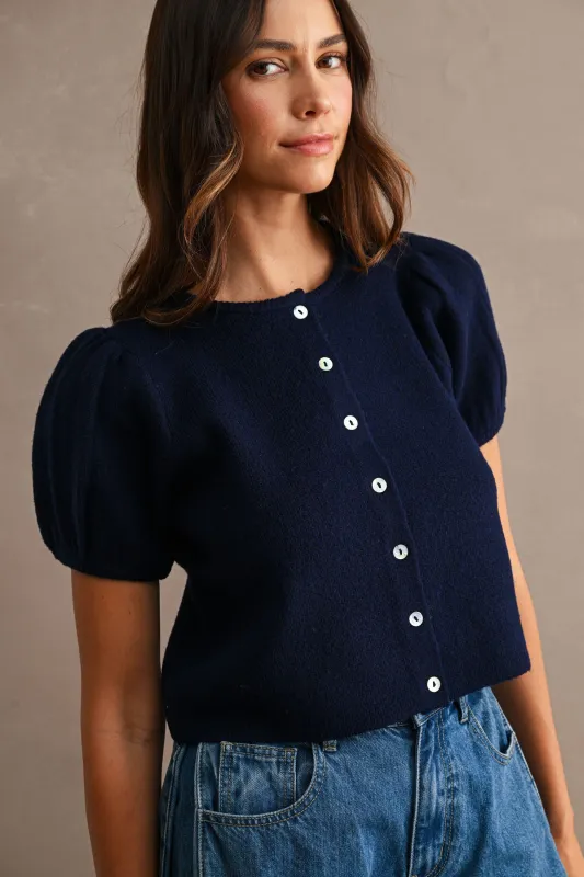 Charlotte Puff Sleeve Sweater, Navy made by MABLE