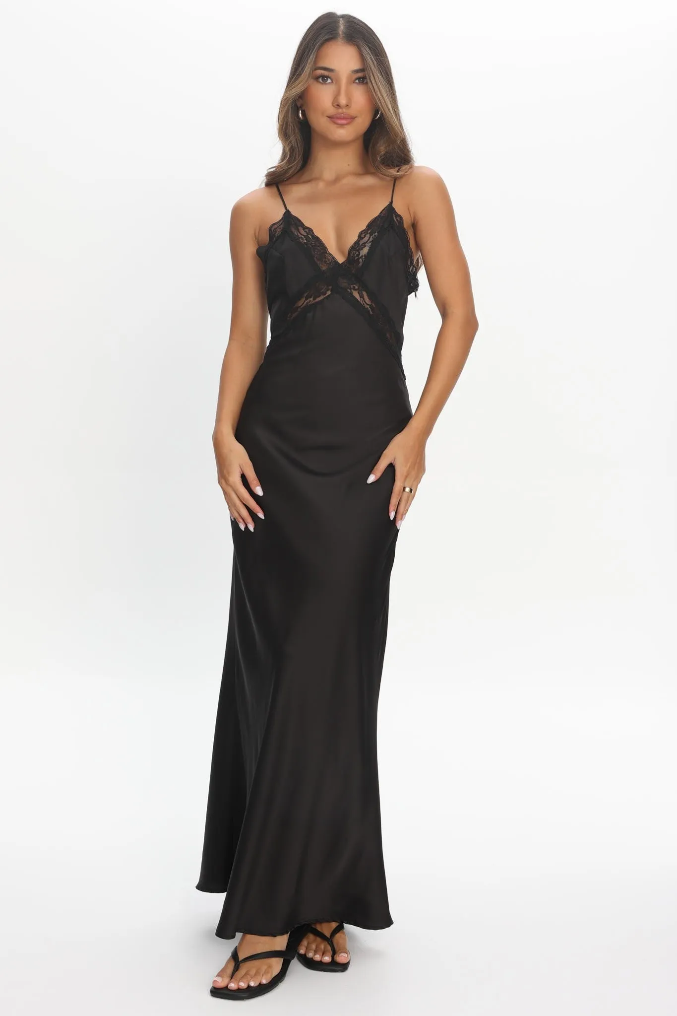 Gillian Lace Trim Satin Maxi sold by Madison Boutique