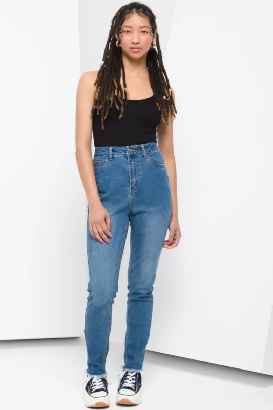 Frayed Hem Skinny Denim Jeans Blue sold by Ackermas