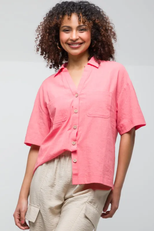 Linen Look Shirt With Pockets Coral sold by Ackermas