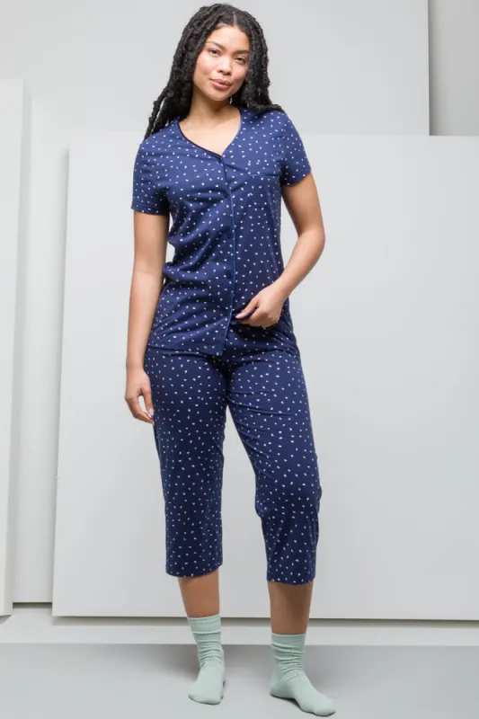 White Spotty Button Through Capri Set Navy sold by Ackermas