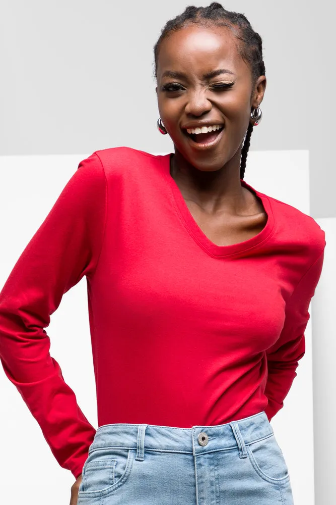 Long Sleeve V-Neck T-Shirt Red sold by Ackermas