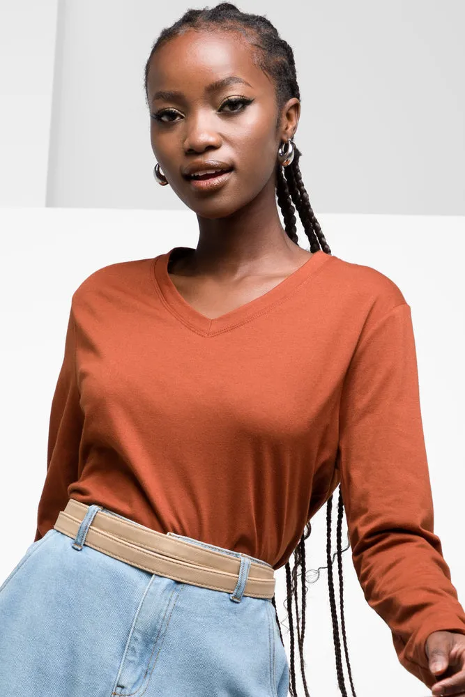 Long Sleeve V-Neck T-Shirt Brown sold by Ackermas
