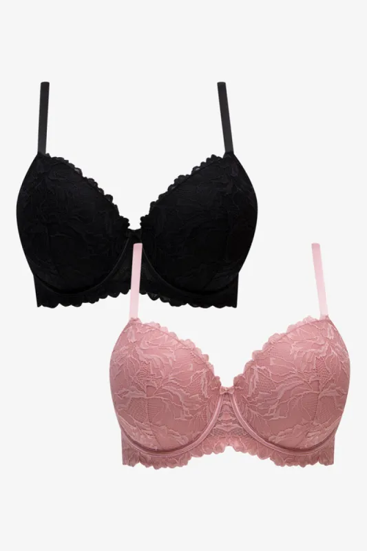 Plus Size 2 Pack Lace Balconette Bras Black & Pink sold by Ackermas