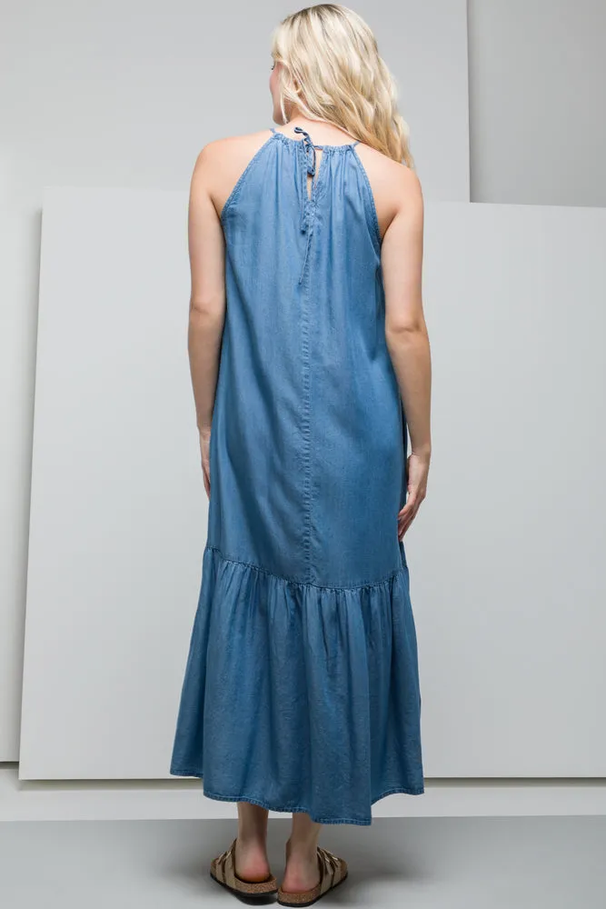 Tiered Halter Neck Denim Dress Blue sold by Ackermas product image thumbnail 3