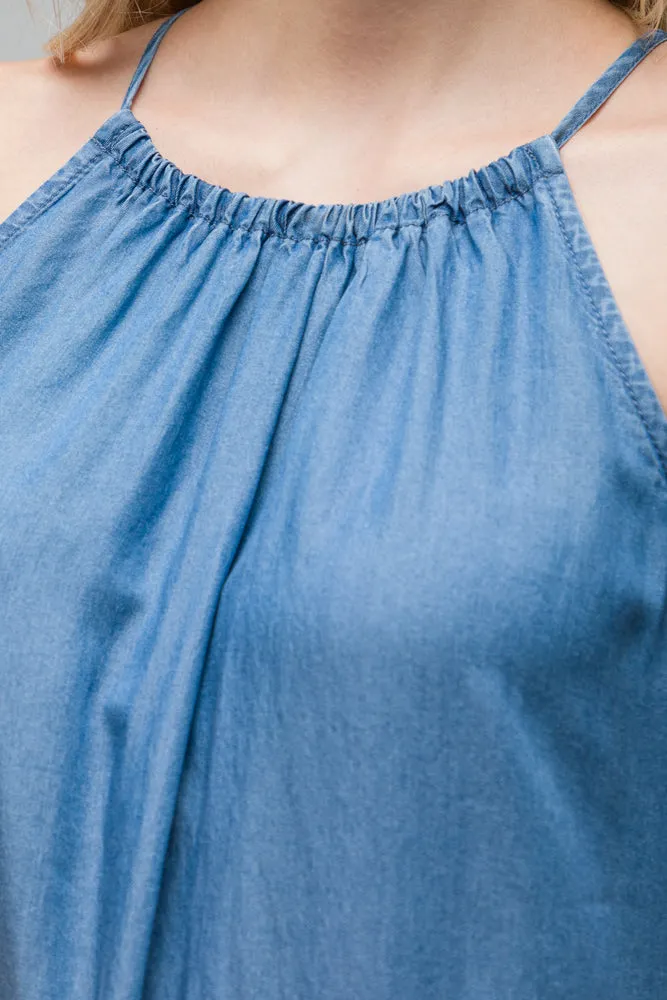 Tiered Halter Neck Denim Dress Blue sold by Ackermas product image thumbnail 4