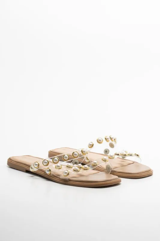 Studded Mule Sandal Natural and White sold by Ackermas