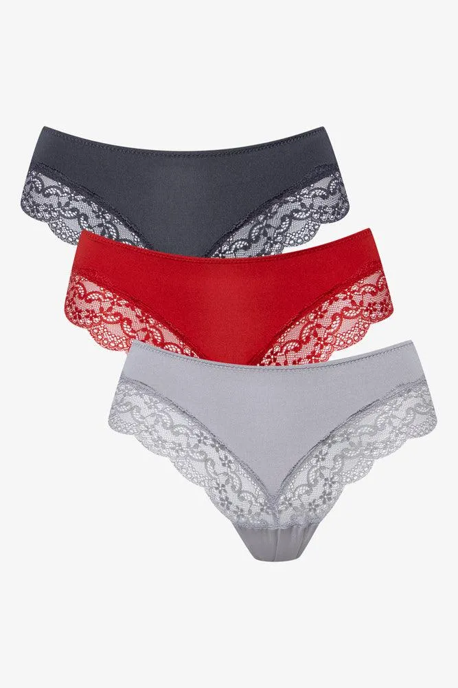 3 Pack Lace Trim Brazilian Panties Grey & Red sold by Ackermas product image thumbnail 2