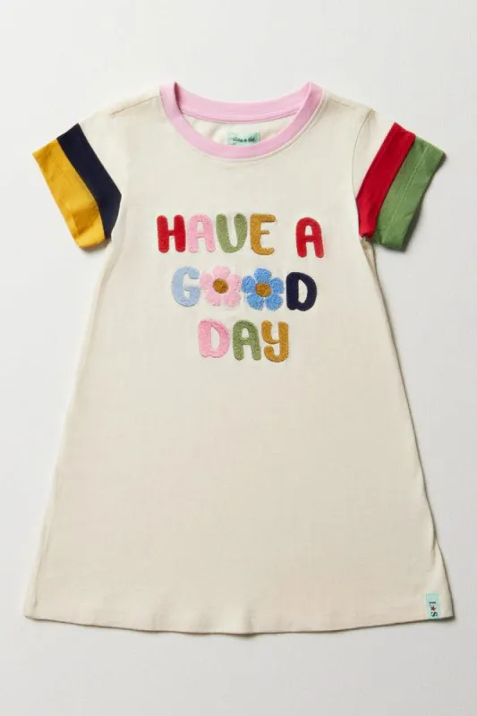 Lilly & Sid Have A Good Day Short Sleeve T-Shirt Dress Cream sold by Ackermas