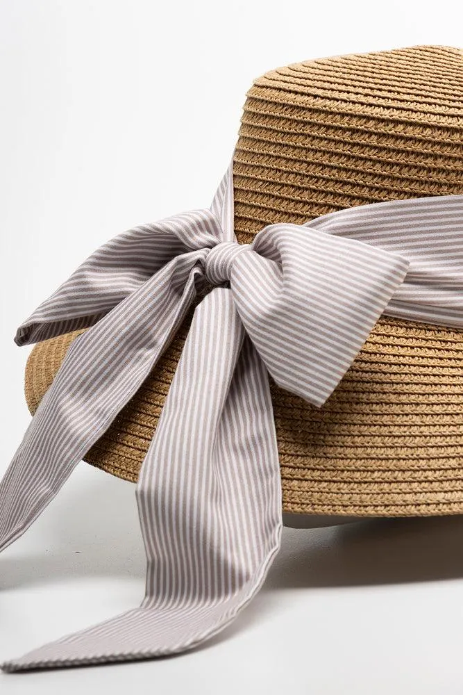 Stone And White Ribbon Straw Bucket Natural sold by Ackermas product image thumbnail 3