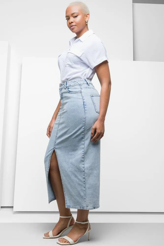 Maxi Denim Skirt With Front Slit Light Blue sold by Ackermas product image thumbnail 3