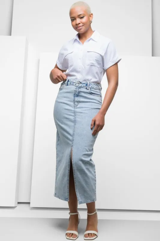Maxi Denim Skirt With Front Slit Light Blue sold by Ackermas