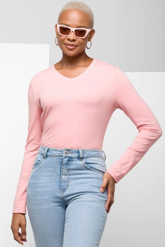 Long Sleeve V-Neck T-Shirt Pink sold by Ackermas
