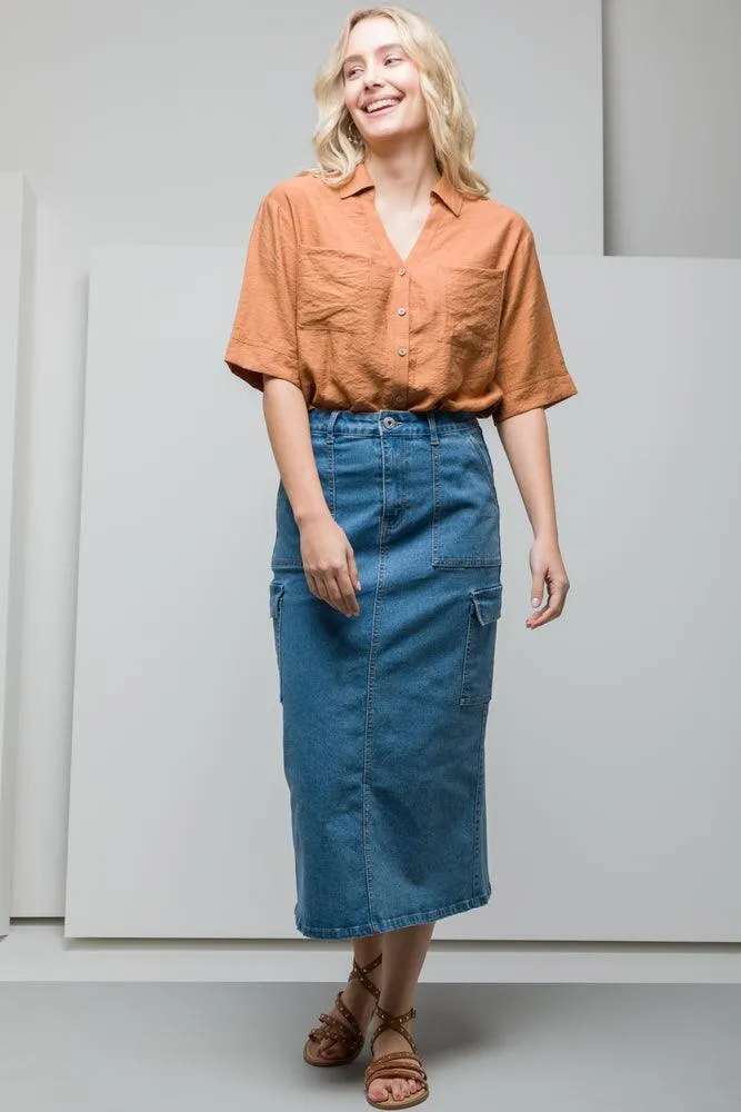 Utility Denim Skirt Mid Blue sold by Ackermas