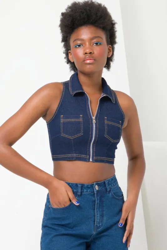 Denim- Zip Through Vest Indigo sold by Ackermas