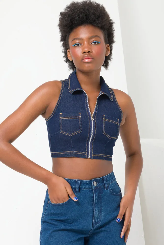 Denim- Zip Through Vest Indigo sold by Ackermas