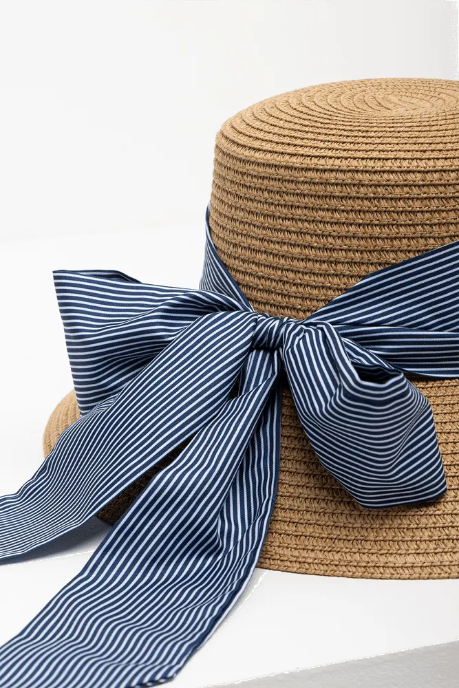 Narrow Brim Straw Hat Natural & Blue sold by Ackermas product image thumbnail 3