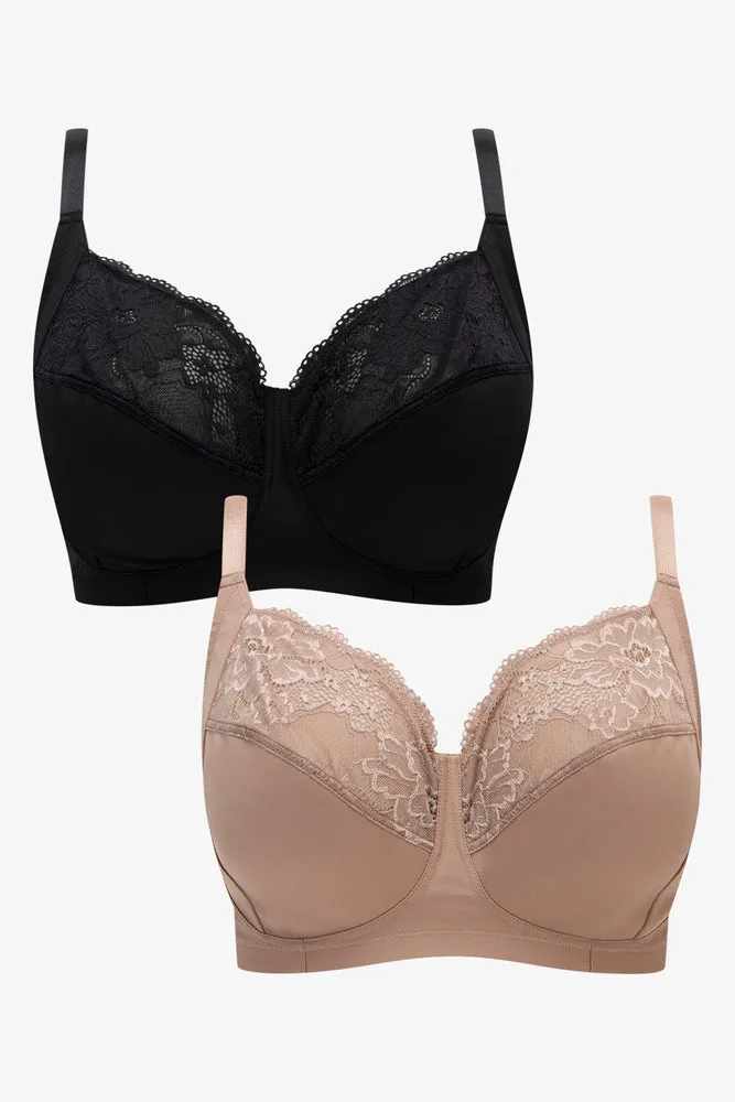 Plus size 2 Pack Lace Trim Non Padded Wire Free Bras Black And Natural sold by Ackermas