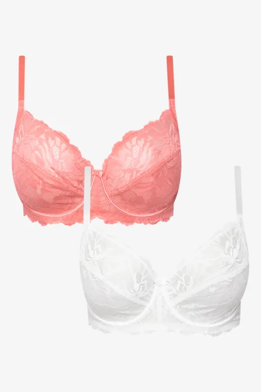 Plus Size 2 Pack Lace Non Padded Underwire Bras Coral And White sold by Ackermas