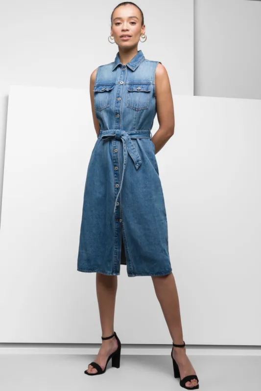 Sleeveless Belted Denim Dress Blue sold by Ackermas