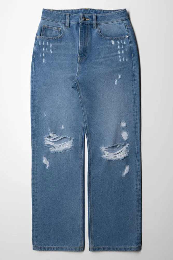 Ripped Straight Leg Denim Jeans Blue sold by Ackermas
