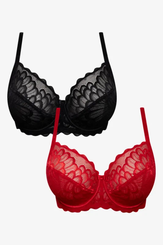 Plus size 2 Pack Lace Non Padded Underwire Bras Red And Black sold by Ackermas