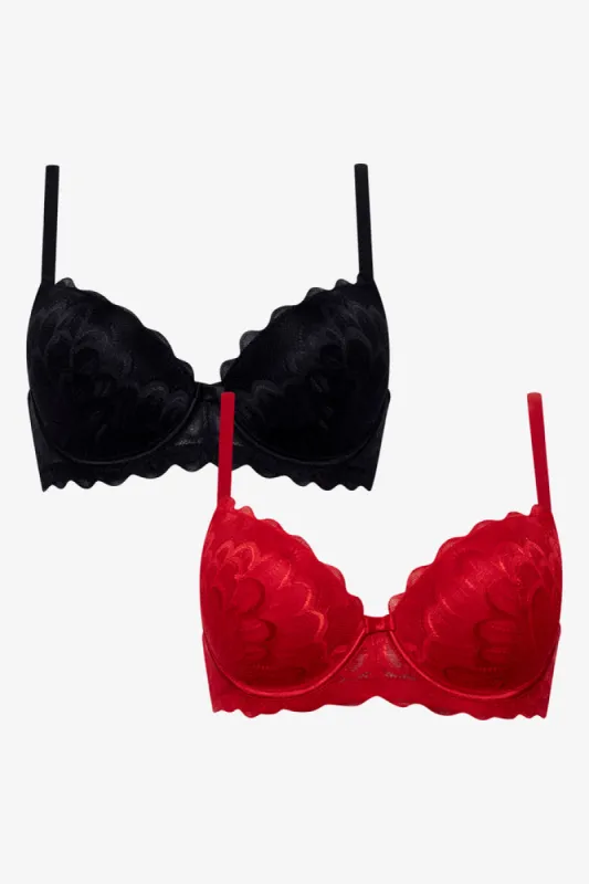 2 Pack Lace Balconette Bras Red And Black sold by Ackermas