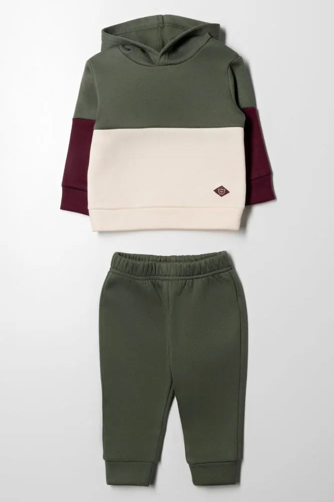 Colourblock Hooded Tracksuit Green, Cream and Burgundy sold by Ackermas
