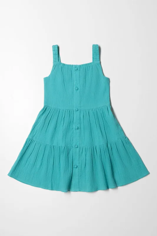 Button Down Tiered Dress Teal sold by Ackermas