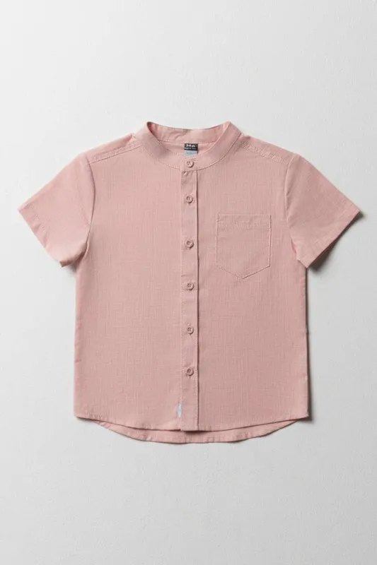 Linen Short Sleeve Mandarin Shirt Dusty Pink sold by Ackermas