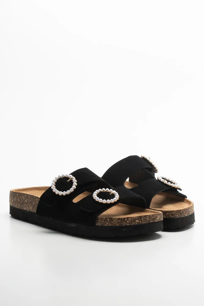 Pearl Buckle Cork Sandal Black sold by Ackermas