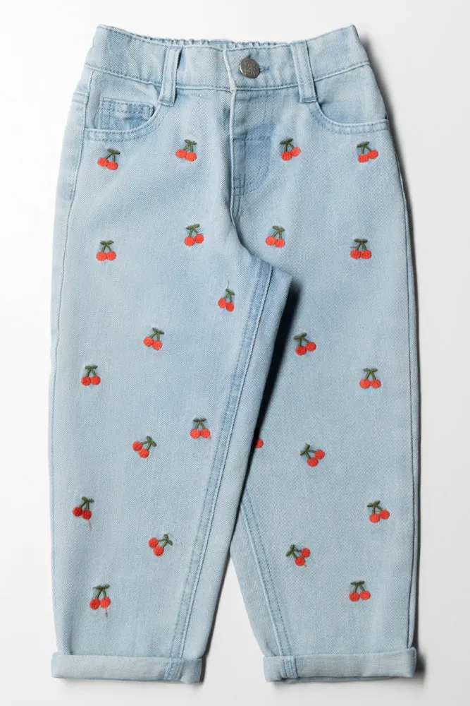 Light Wash Denim With Cherry Embroidery Blue sold by Ackermas