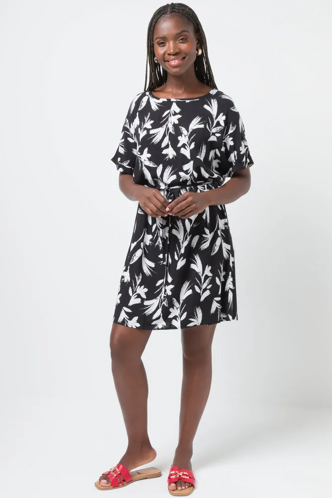 Belted Boatneck Shift Dress Black sold by Ackermas