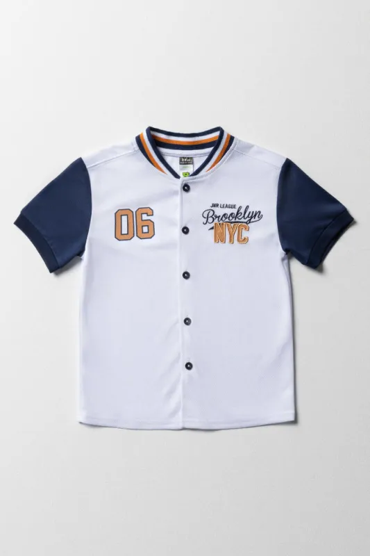 Baseball Button Through Short Sleeve T-Shirt White & Navy sold by Ackermas