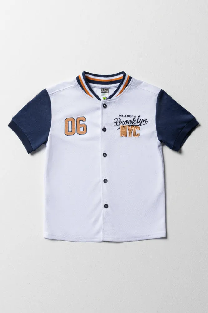Baseball Button Through Short Sleeve T-Shirt White & Navy sold by Ackermas