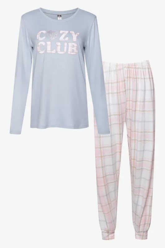 Long Sleeve Check Bottoms Cosy Set Grey And Pink sold by Ackermas