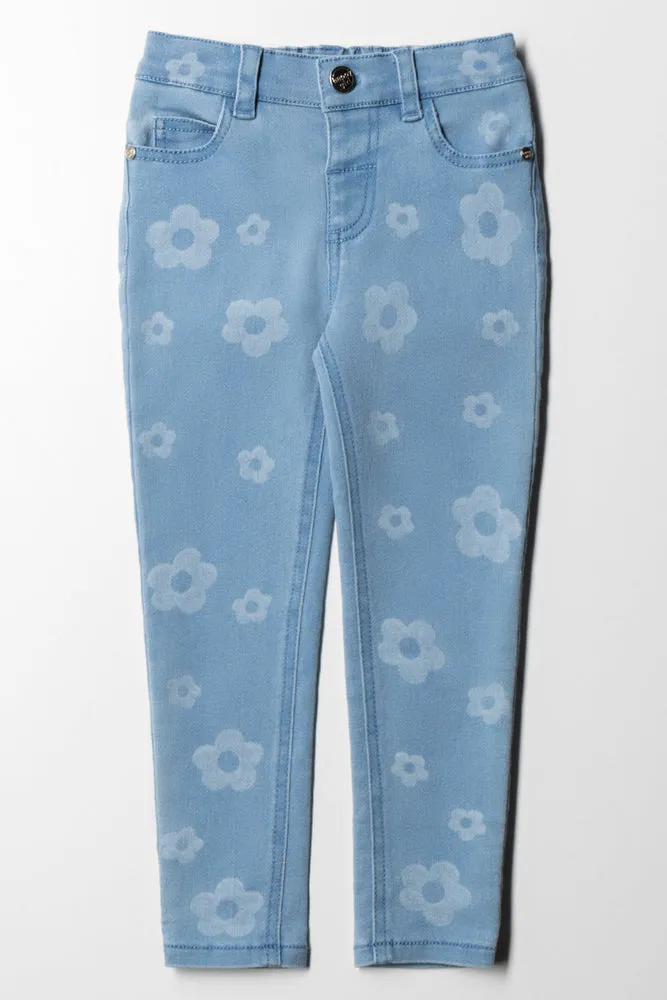 Daisy Lazer Print 5 Pocket Skinny Light Wash Blue sold by Ackermas