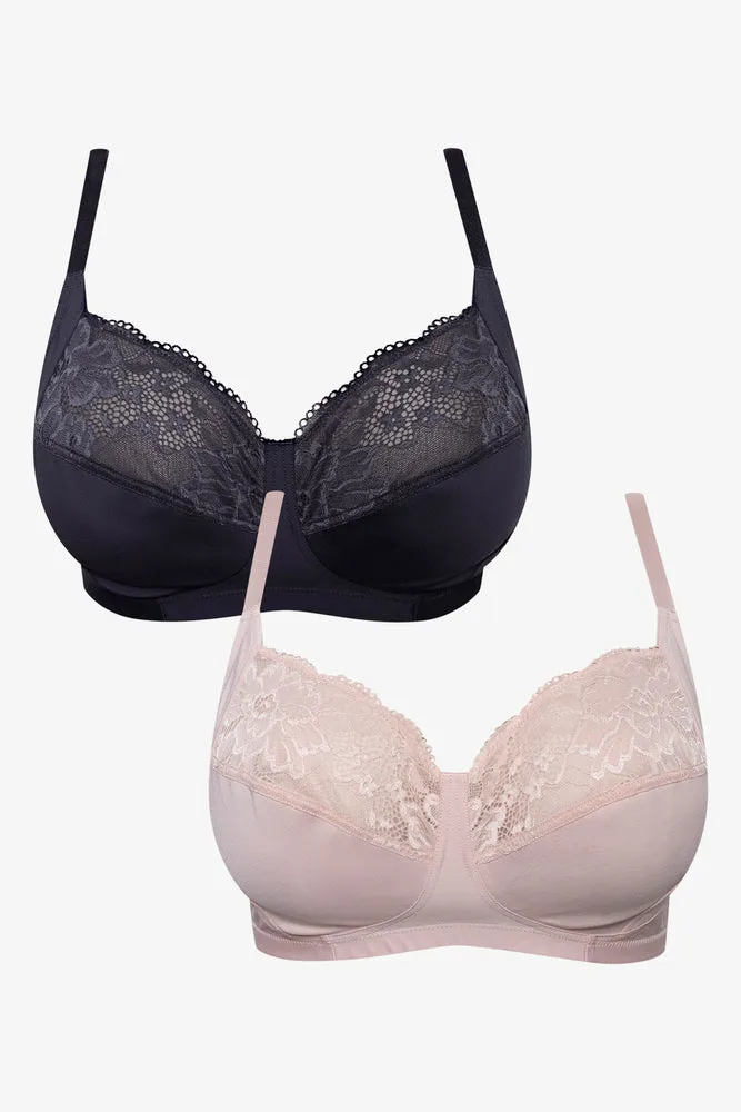 Plus Size 2 Pack Lace Trim Non Padded Wire Free Bras Black And Light Pink sold by Ackermas