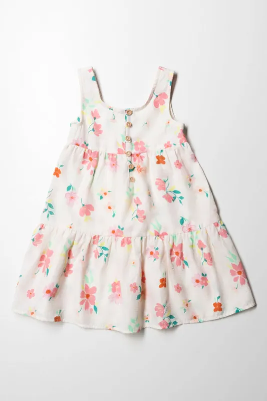 Floral Strappy Tiered Dress With Buttons White Mul sold by Ackermas