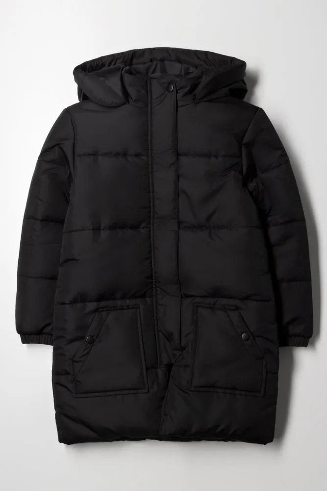 Long Hooded Puffer Jacket Black sold by Ackermas