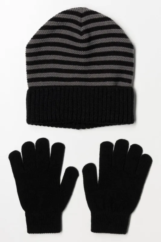 Stripe Beanie And Gloves Set Black sold by Ackermas