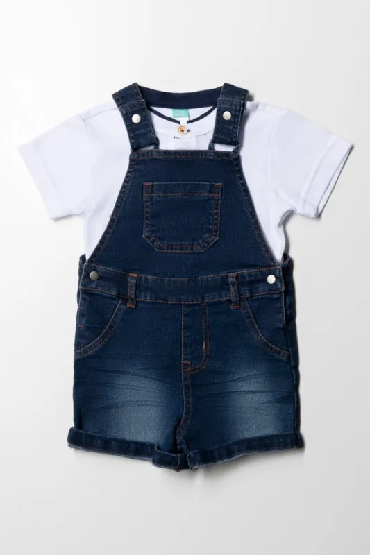 Denim Dungaree With Mandarin Collar Pique Tee Set Indigo sold by Ackermas