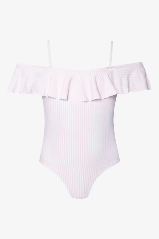 Stripe One Piece Frill Swimsuit Lilac sold by Ackermas