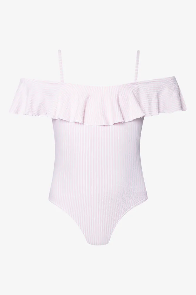 Stripe One Piece Frill Swimsuit Lilac sold by Ackermas