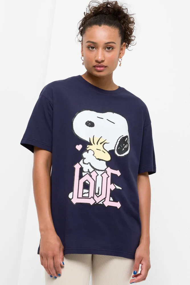 Snoopy Love Oversized Short Sleeve T-Shirt Navy sold by Ackermas